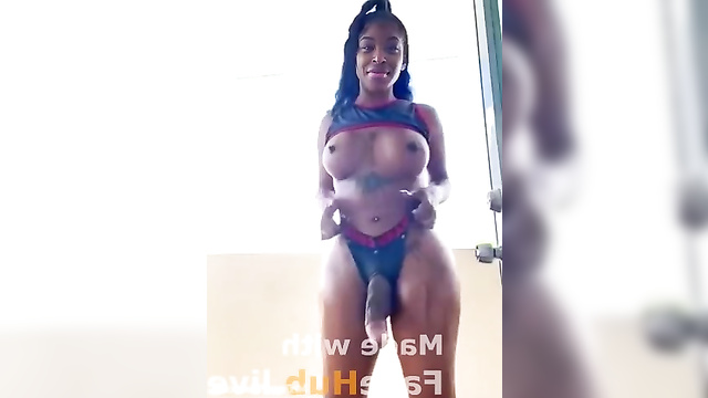 AI // Busty tranny Bianca Belair shows her huge dick on cam