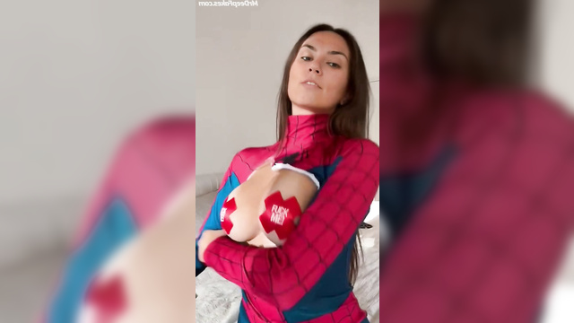 Fake Trisha Hershberger shakes her tits in her Spiderman costume