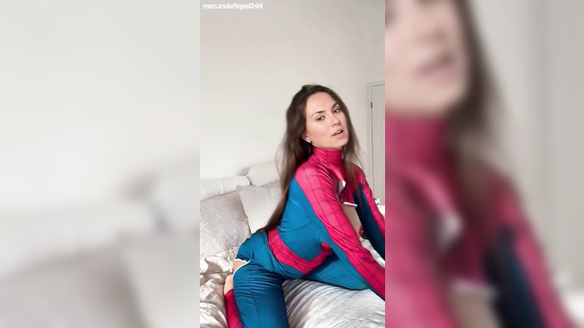 Fake Trisha Hershberger shakes her tits in her Spiderman costume