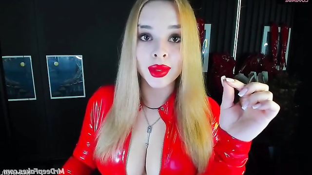 AI Jenny Carrera in a red latex dress that emphasizes her curvy figure
