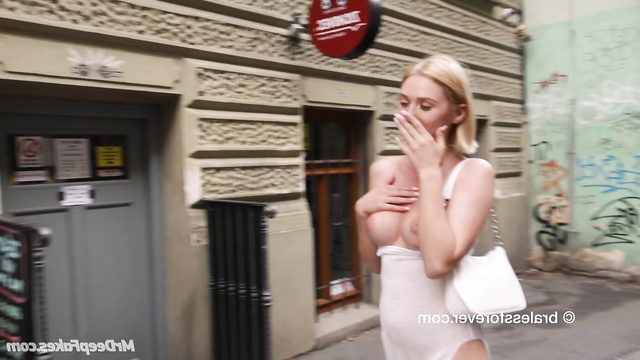 AI Elizabeth Olsen walks down the street flashing her beautiful tits