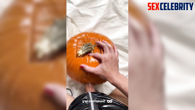 Horny Gemma Chan uses her big dick on submissive Halloween pumpkin!