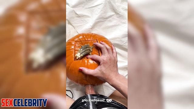 Horny Gemma Chan uses her big dick on submissive Halloween pumpkin!