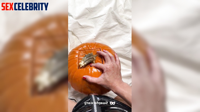 Horny Gemma Chan uses her big dick on submissive Halloween pumpkin!